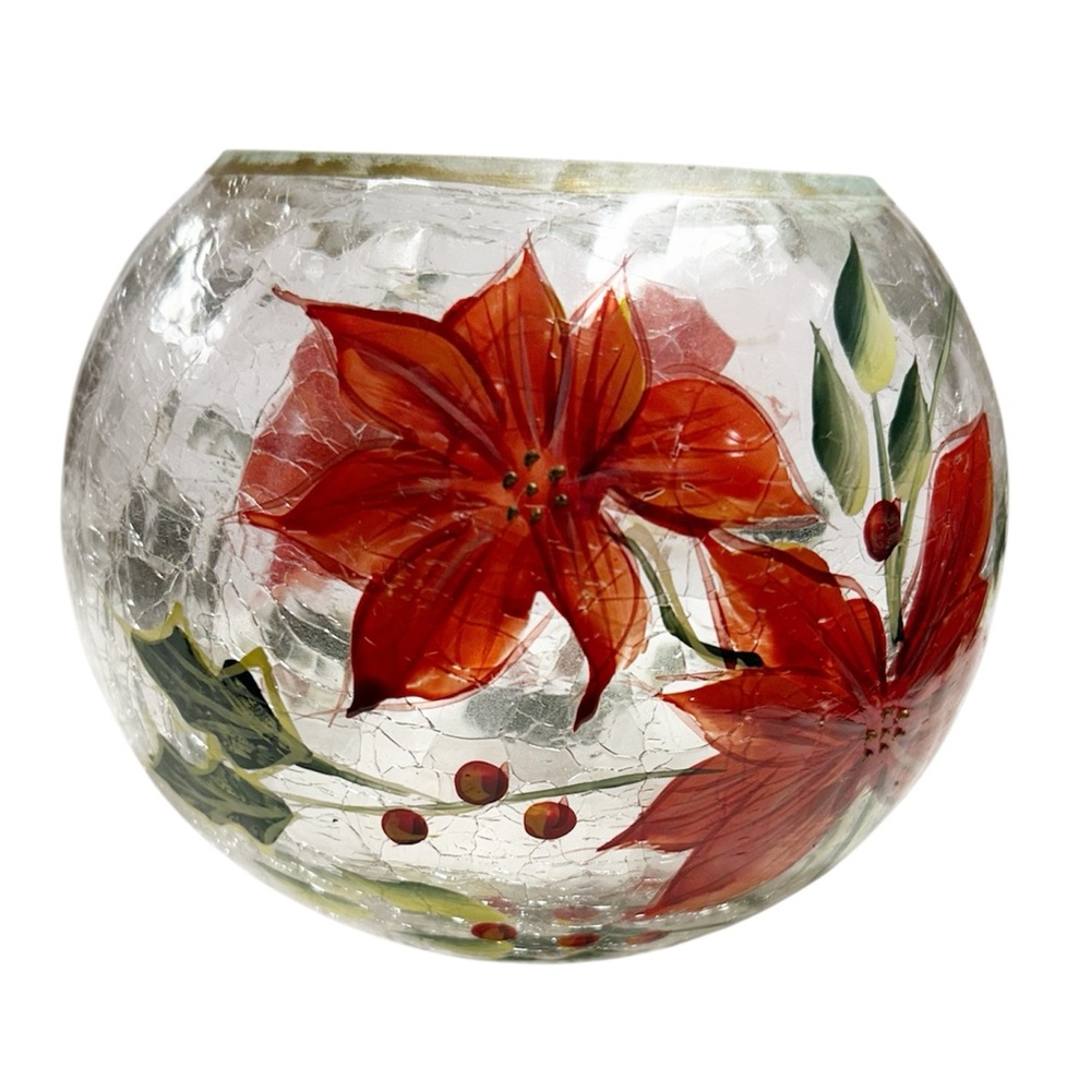Holiday Spirit Poinsettia Crackle Glass 5" Votive Candle Holder Bowl - Picture 3 of 9